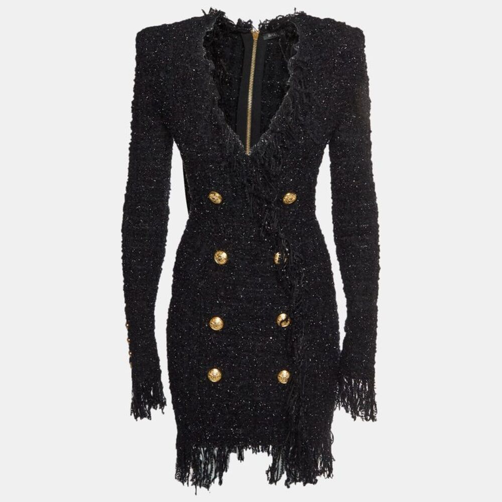 Balmain Black Metallic Bouclé Tweed Fringed Mini Dress S - Picture 1 of 6